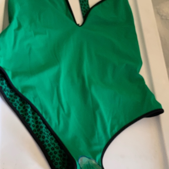 Diane Von Furstenberg Green & Navy V‑Neck One‑Piece Swimsuit - Picture 9 of 11